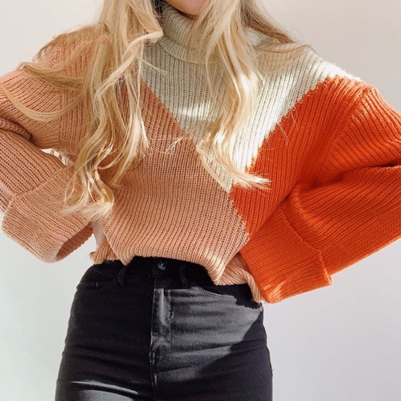 Rouge! Sweaters - Colorblock Trutleneck Sweater Orange Beige